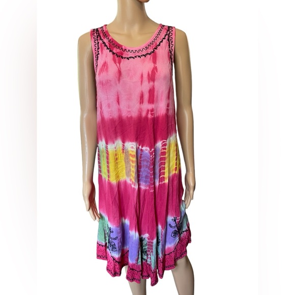 Colorz Pink Rainbow Hippie Boho Earthy Eclectic Tie Dye Embroidered Midi Dress - Picture 2 of 7